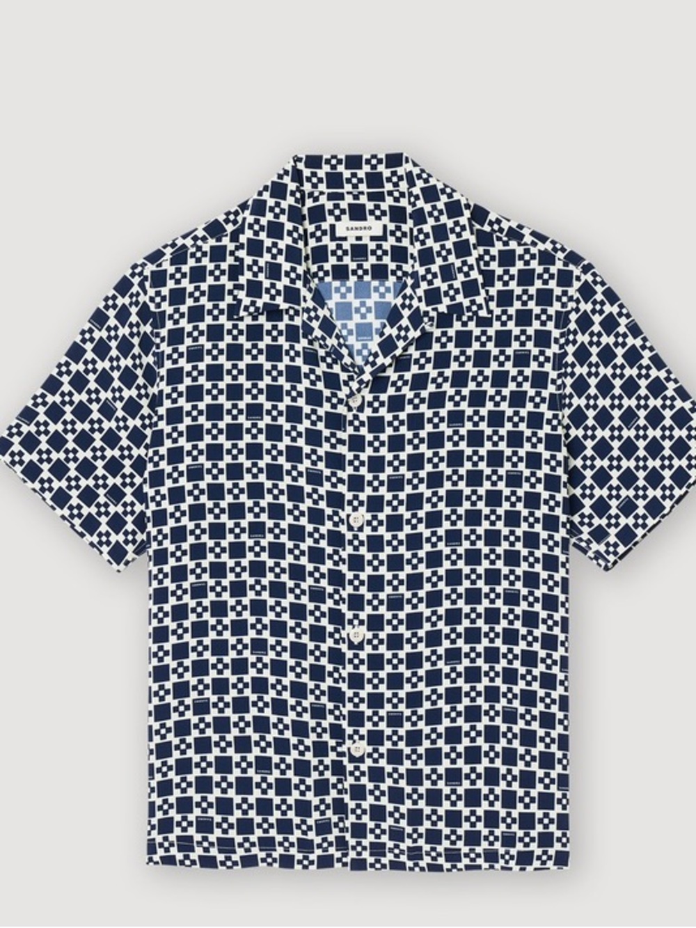 Sandro UNISEX with Logo Print Navy and White Geometric Button-Down Shirt